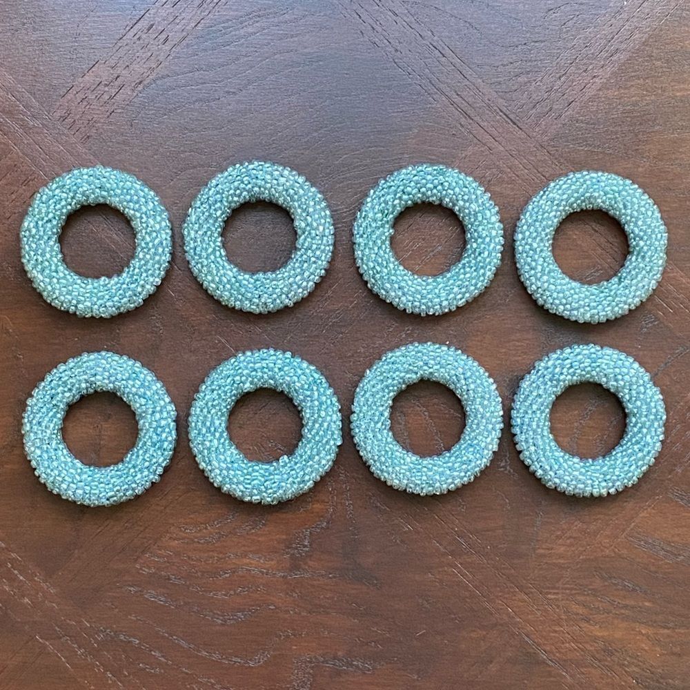 Pier 1 Vintage Light Blue Beaded Napkin Rings Set Of 8